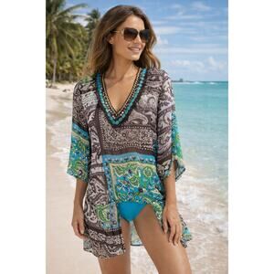 Status Chenault Beaded Sheer Paisley Tunic Blouse M Boho Beach Cover